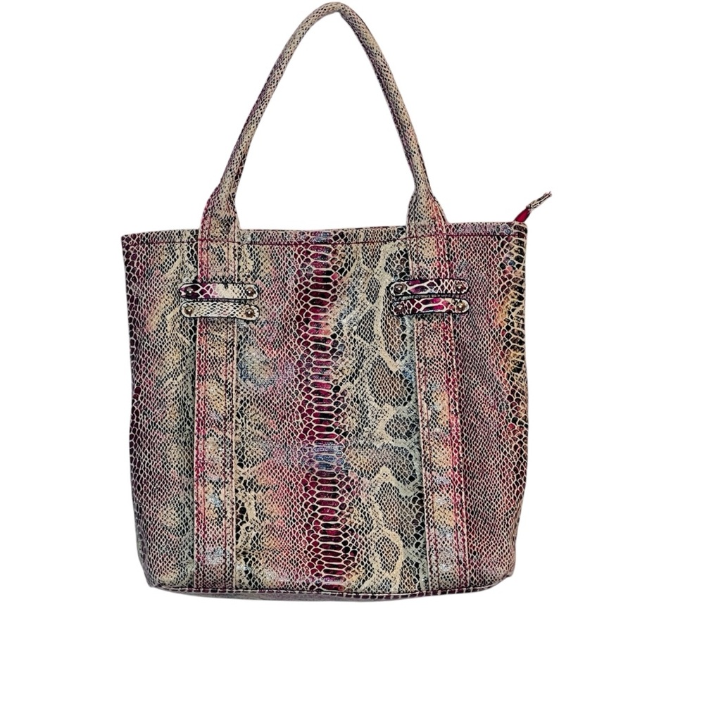 Faux Leather Multicolor Rattlesnake Textured Pattern Large Tote Bag Zippered 14"